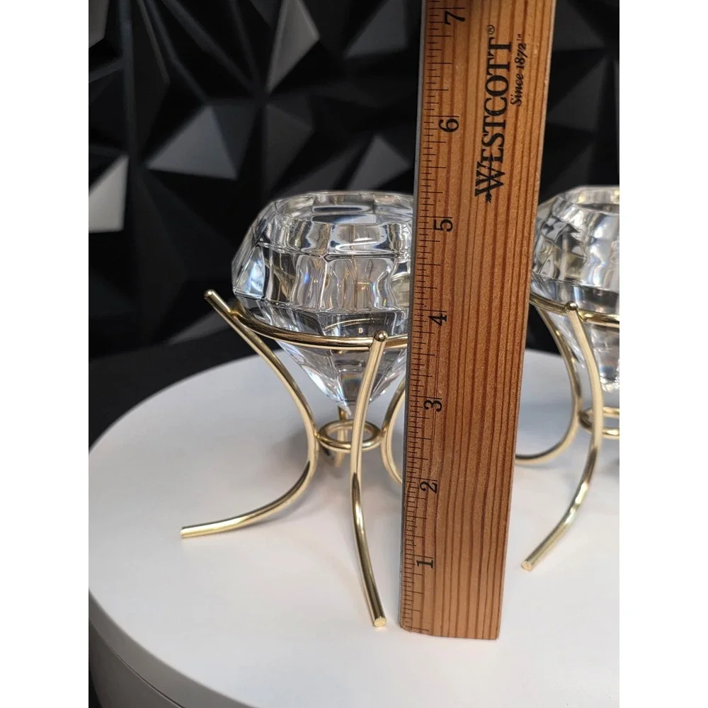Diamond Shaped Crystal Glass Votive Candle Holders Gold Metal Stands Set of 2